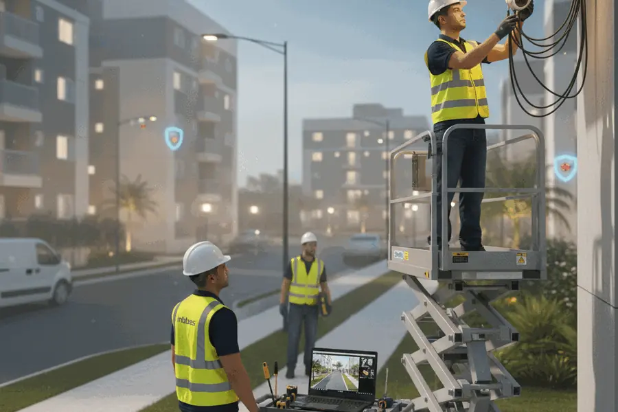 Técnicos da Bichler Soluções instalando câmeras de segurança